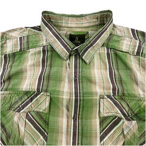 Prana Shirt Mens XL Green Beige Plaid Snap Pockets Long Sleeve Organic Cotton